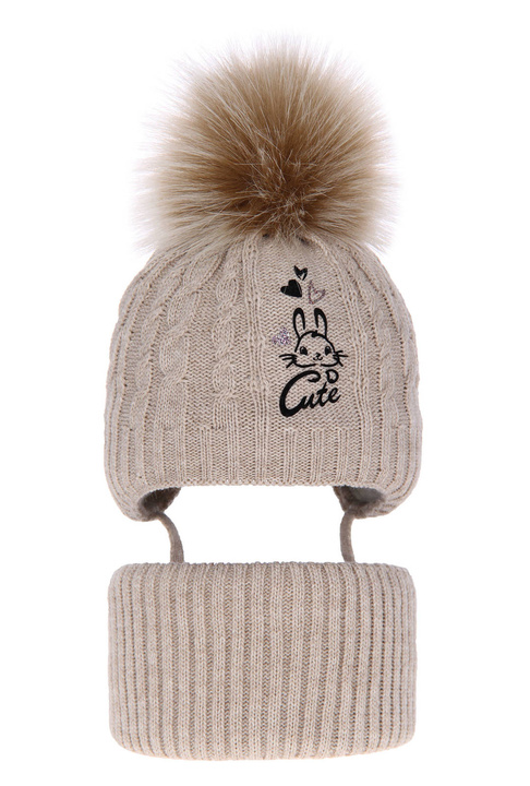 Flicka vinter set: mössa och tubhalsduk, beige, med pompom, Treccia