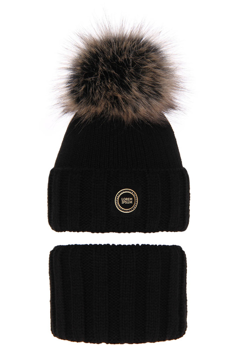 Flicka vinter set: mössa och halsduk, svart, med pompom, Hendi