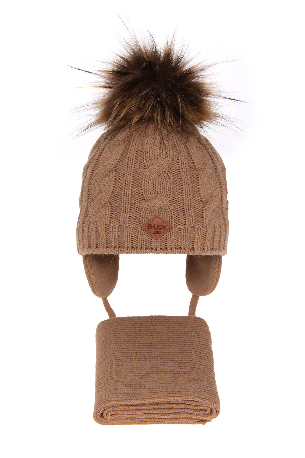 Pojke vinter set: mössa och halsduk, camel, med pompom, Minor