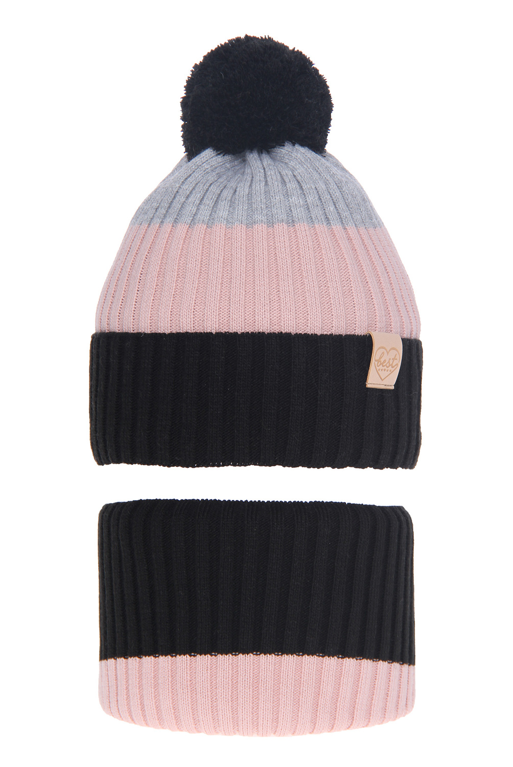 Flicka vinter set: mössa och halsduk, svart, med pompom, Indiana