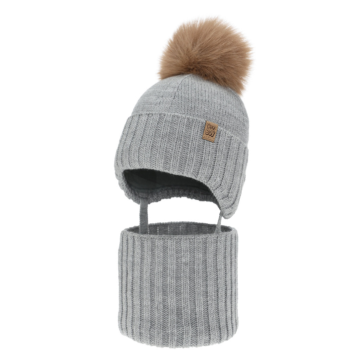 Pojke vinter set: mössa och tubhalsduk, grå, med pompom, Talens
