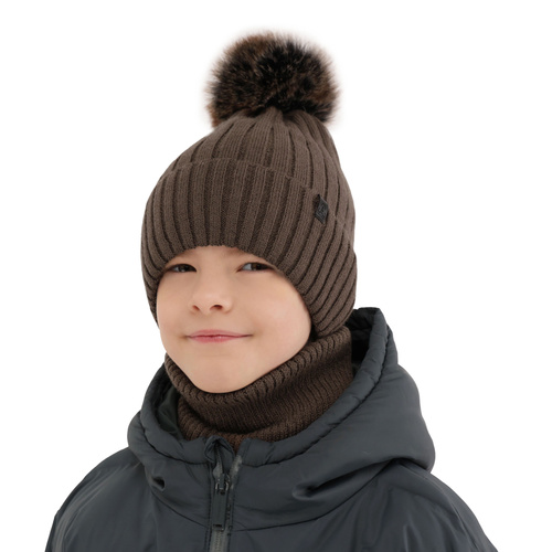 Pojke vinter set: mössa och halsduk, camel, med pompom, Relax
