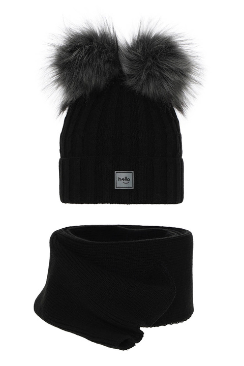 Flicka vinter set: mössa och halsduk, svart, med två pompommar, Zenda