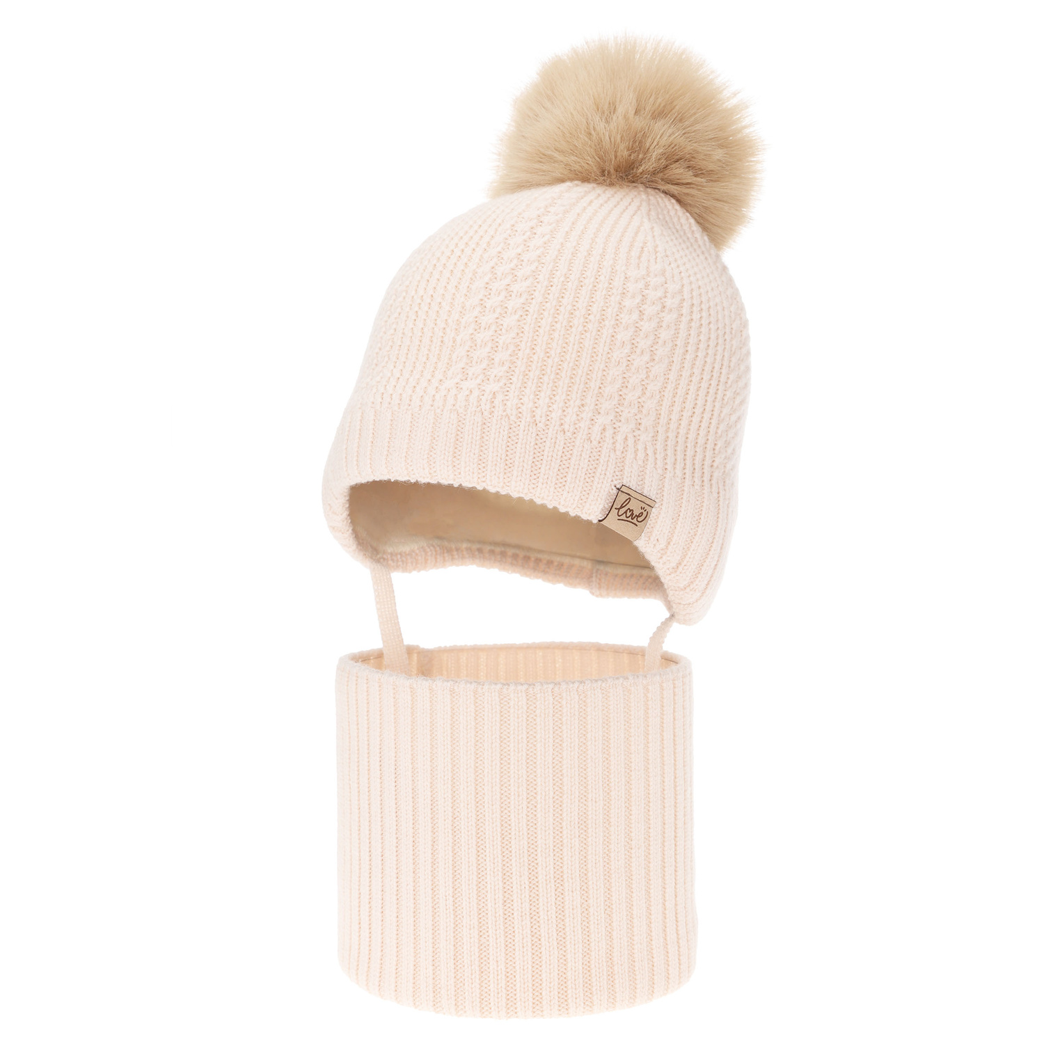 Flicka vinter set (mössa och tubhalsduk), ljusrosa, 100% Merino Ull, fodrad med ullpolär, med knytband Danielle