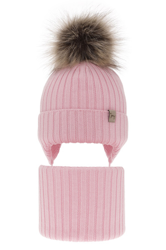 Flicka vinter set: mössa och halsduk, rosa, med knytband, 100% Merino Ull, Junika