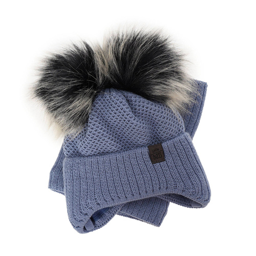 Pojke vinter set: mössa och tubhalsduk, beige, med två pompommar, med knytband, Randel