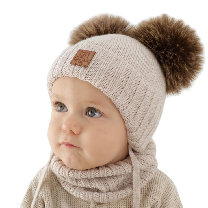 Pojke mössa och tubscarf, vinter set, ljusbeige, 100% merinull, fodrad med ullfleece, Ronik