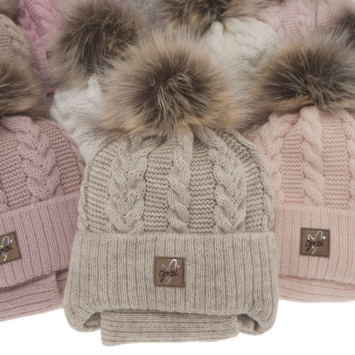Flicka vinter set: mössa och halsduk, kremowy, med pompom, Finess