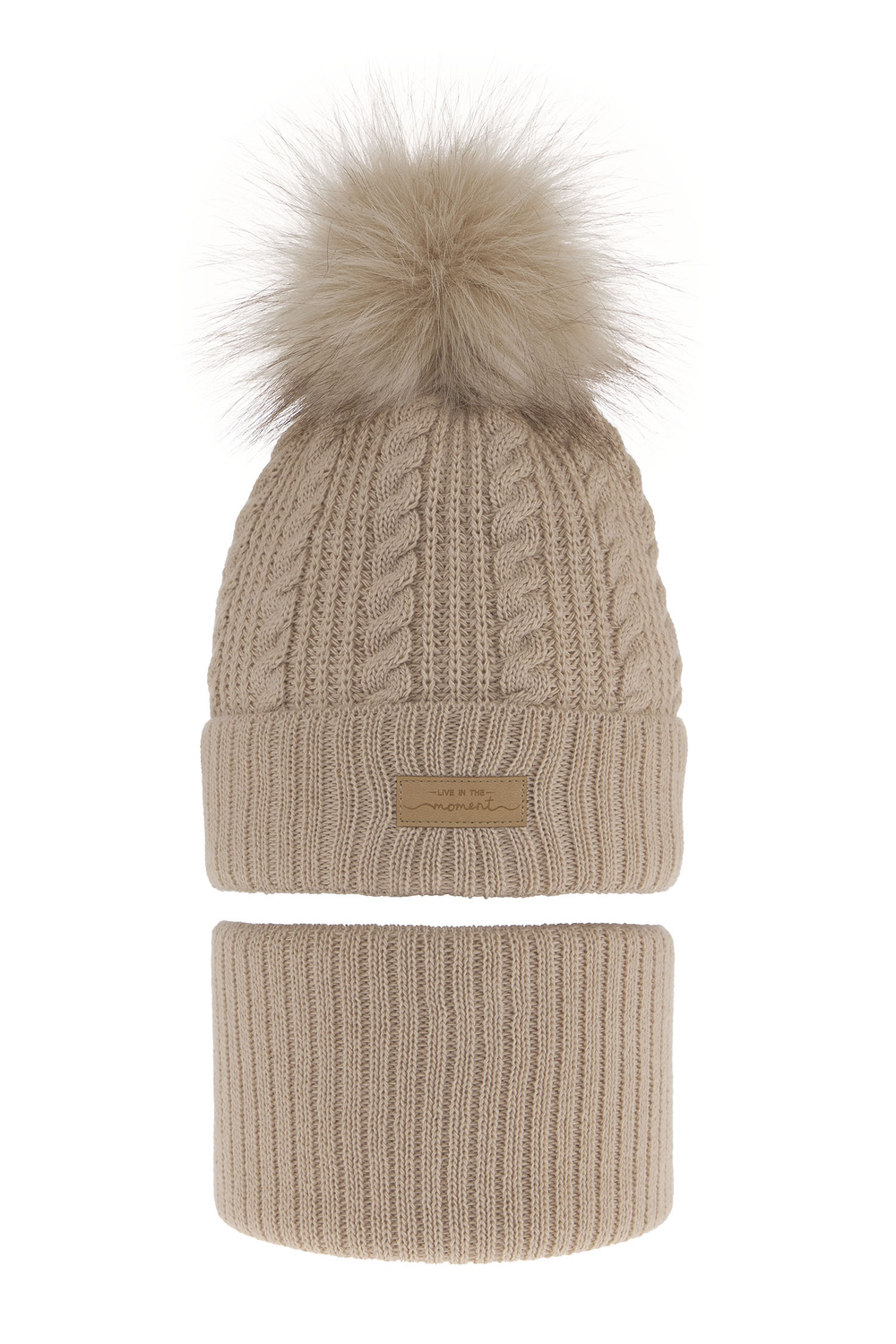 Flicka vinter set: mössa och tubhalsduk, beige, med pompom, Alika