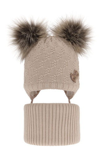Flicka vinter set: mössa och tubhalsduk, beige, med två pompommar, knytband, Bettina