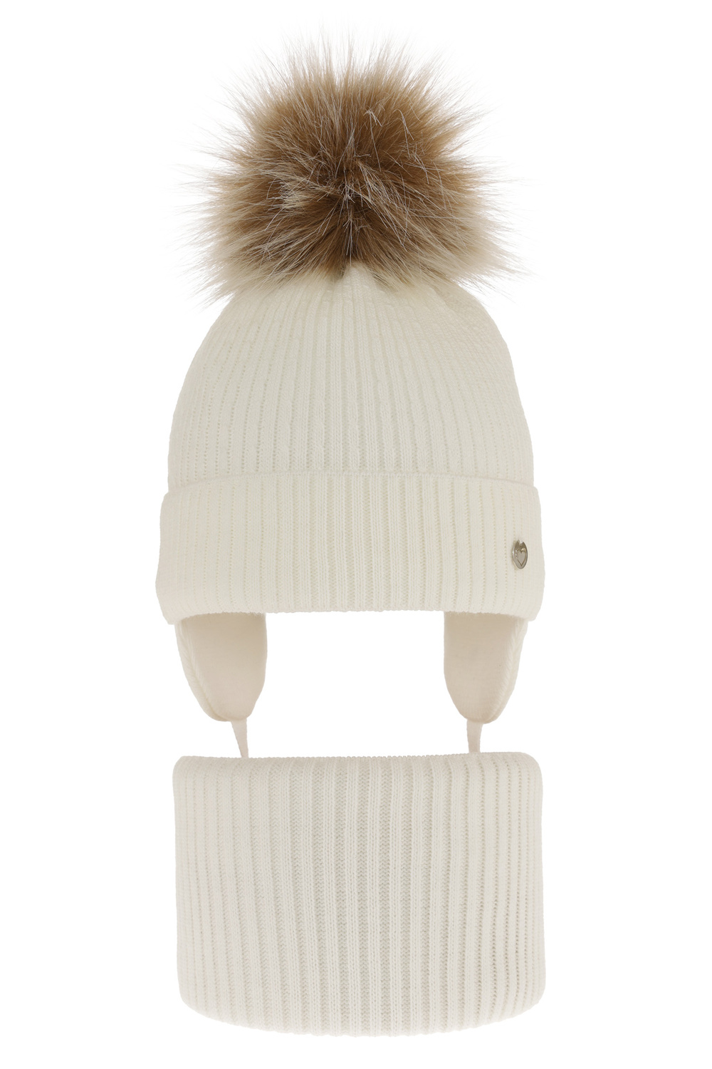 Flicka vinter set: mössa och halsduk, creme, med pompom, Debra