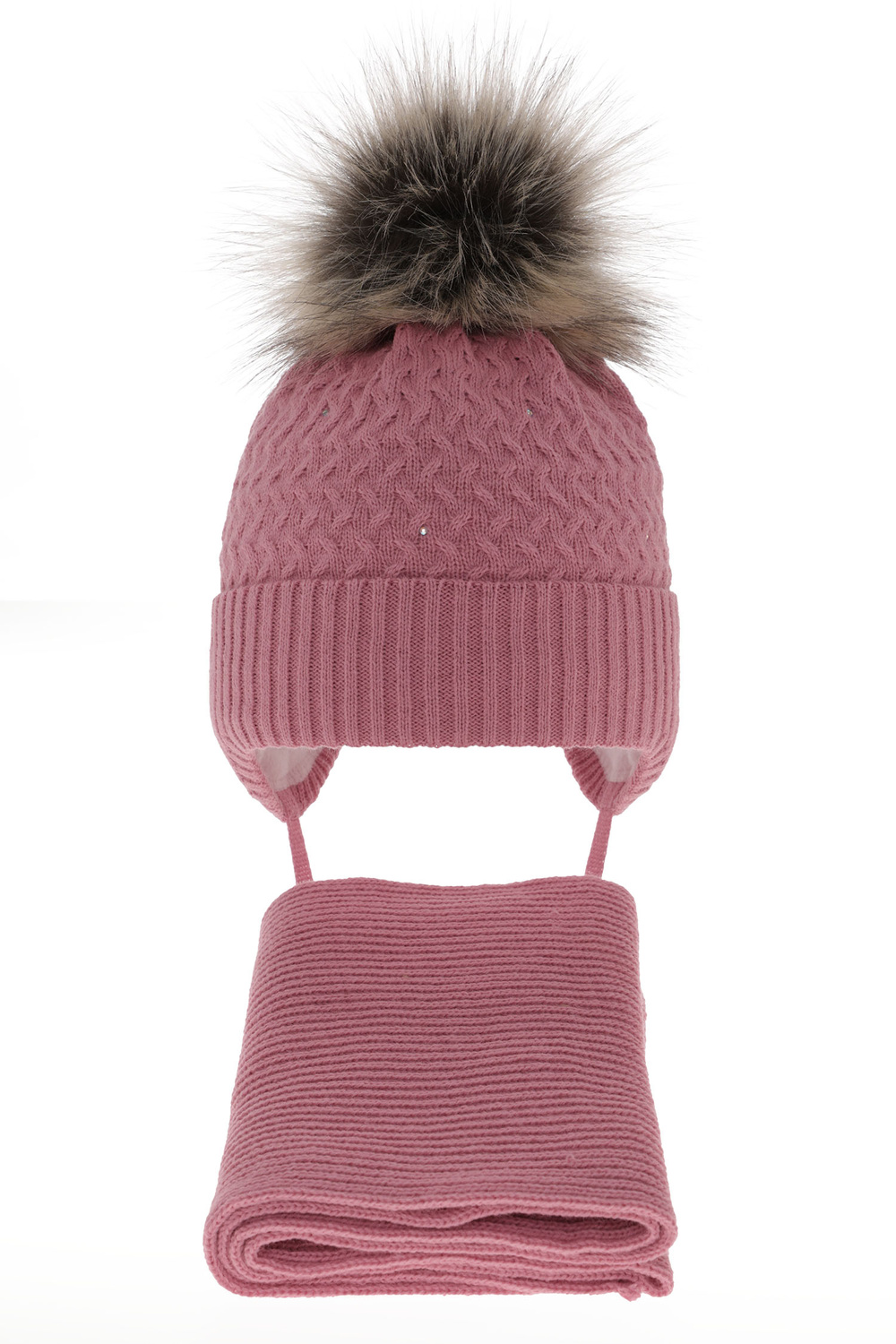 Flicka vinter set: mössa och halsduk, rosa, med pompom, Zelta