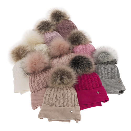Flicka vinter set: mössa och halsduk, rosa, med pompom, Tukana