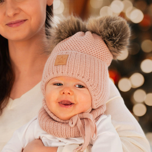 Flicka vinter set: mössa och tubhalsduk, rosa, med två pompommar, med knytband, Minsi