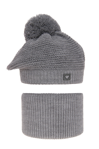 Flicka vinter set: mössa och halsduk, grå, med pompom, Lira