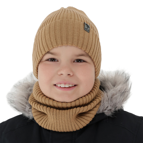 Pojke vinter set: mössa och tubhalsduk, camel, med merinull, fodrad med fleece, Gecko