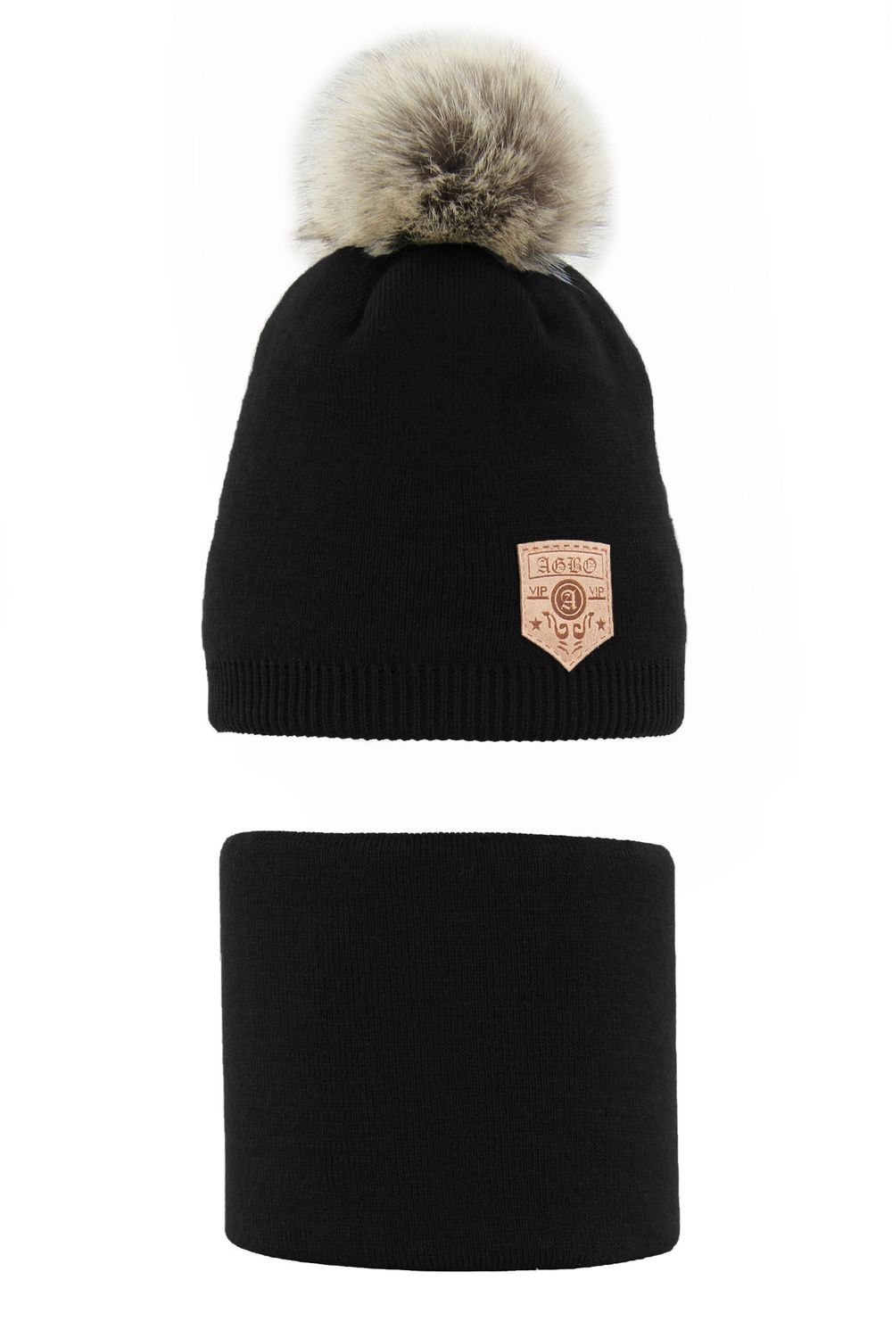 Pojke vinter set: mössa och halsduk, svart, med pompom, Apolin