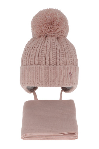 Flicka vinter set: mössa och halsduk, rosa, med knytband, med pompom, Marisa