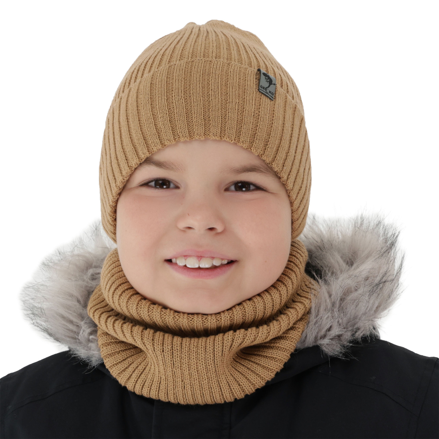 Pojke vinter set: mössa och tubhalsduk, camel, med merinull, fodrad med fleece, Gecko