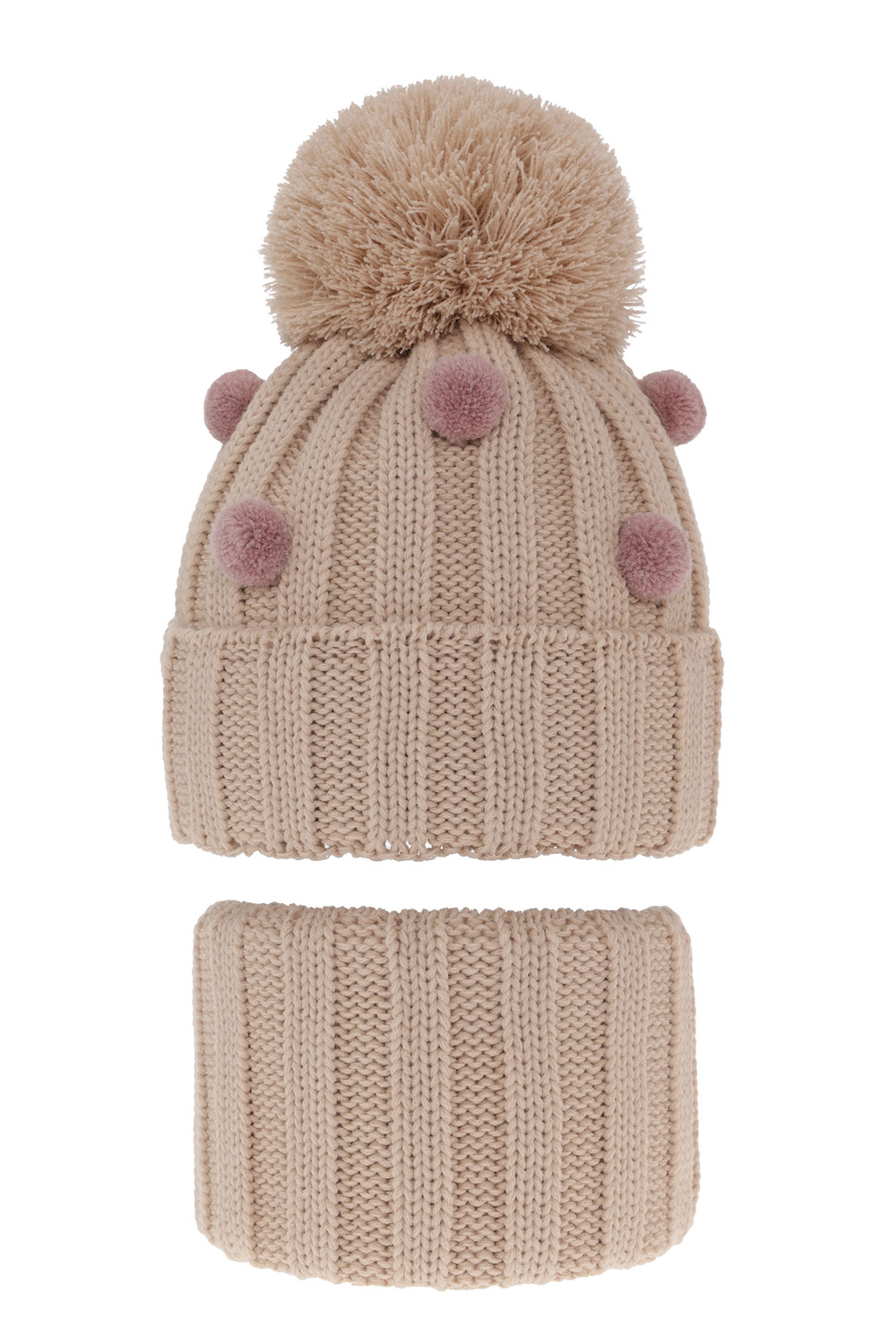 Flicka vinter set: mössa och tubhalsduk, beige, med pompom, Hekate
