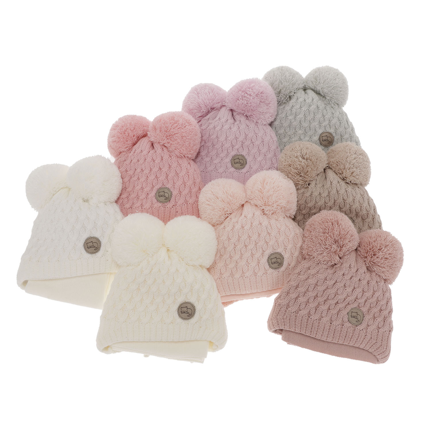 Flicka vinter set: mössa och halsduk, beige, med två pompommar, med knytband, Anava