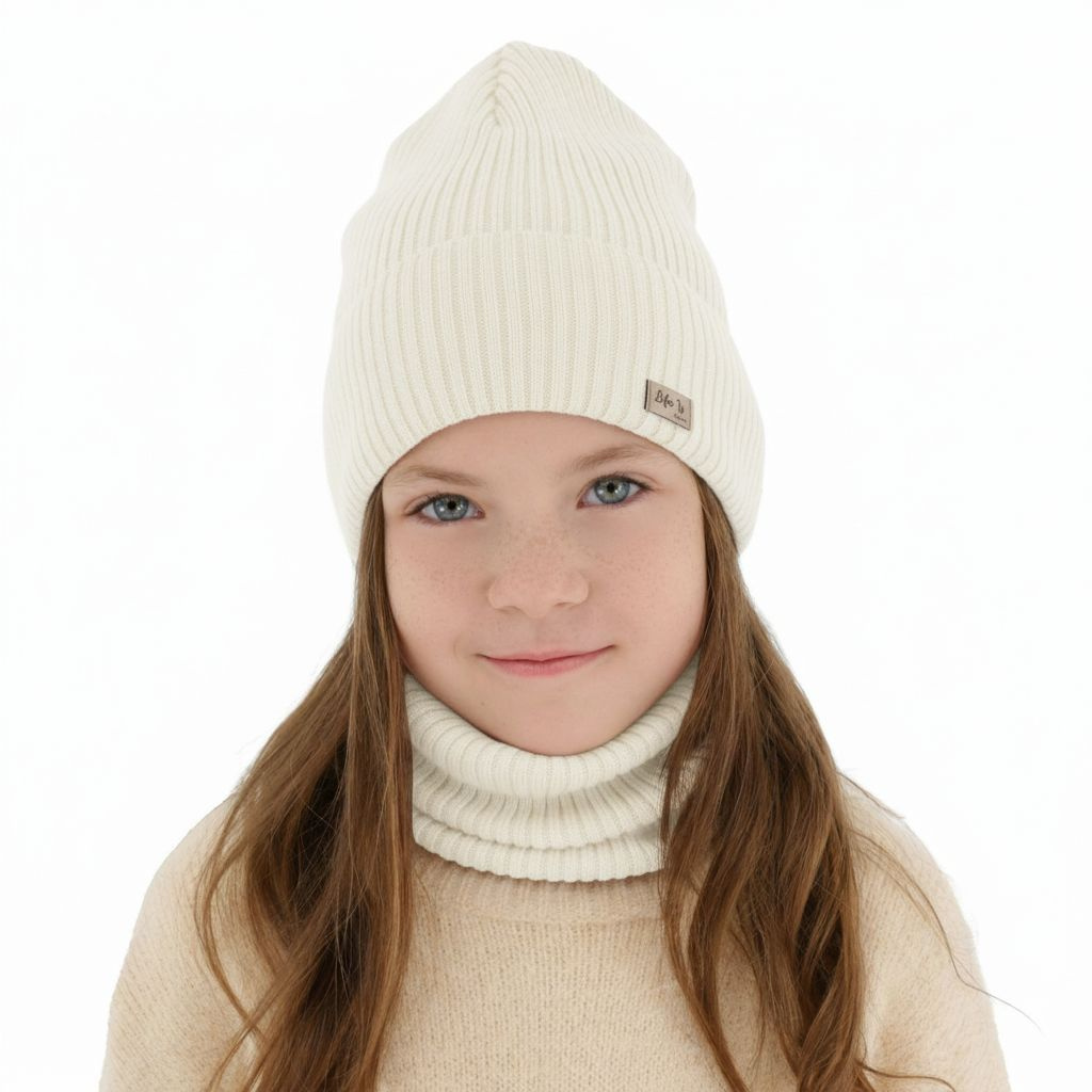 Flicka höst/vår set: mössa och tubhalsduk, kremowy, 100% Merino Ull, Itra