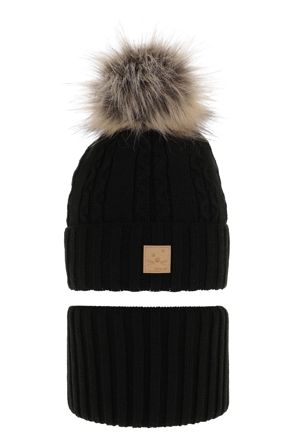 Flicka vinter set: mössa och halsduk, svart, med pompom, Alexia