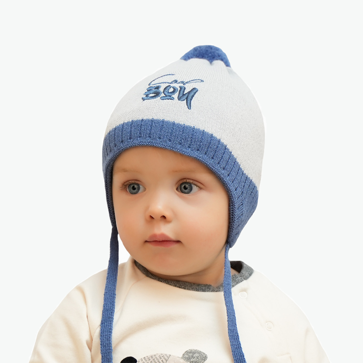 Pojke höst/vår mössa, blå, med knytband, Korni