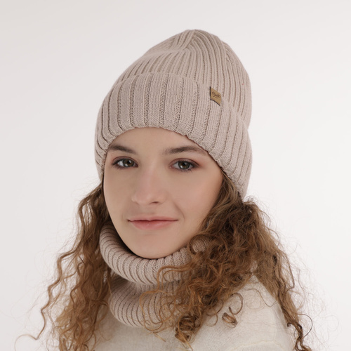 Flicka vinter set: mössa och halsduk, camel, med merinull, Mesalia