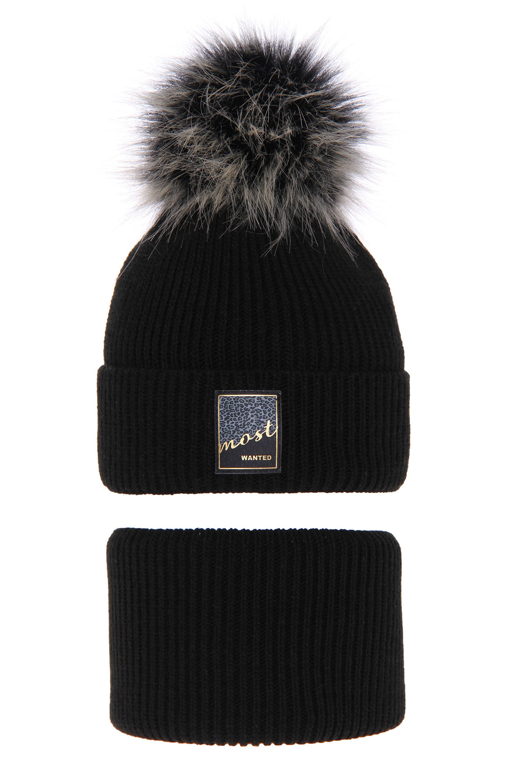 Flicka vinter set: mössa och tubhalsduk, svart, med pompom, Sycylia