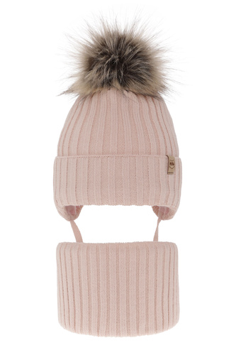 Flicka vinter set: mössa och tubhalsduk, beige, med pompom, Louisa