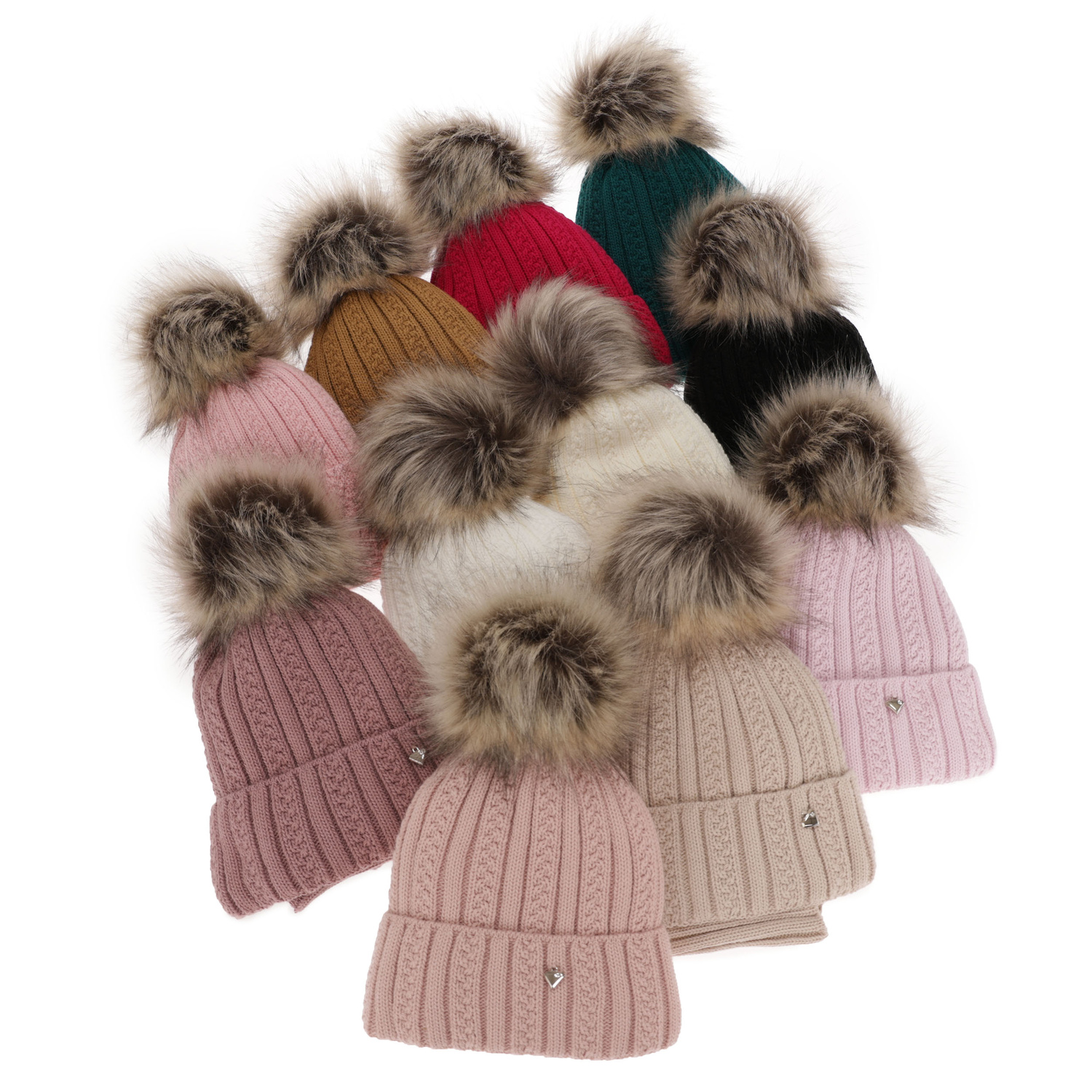 Flicka vinter set: mössa och halsduk, beige, med pompom, Wirginia