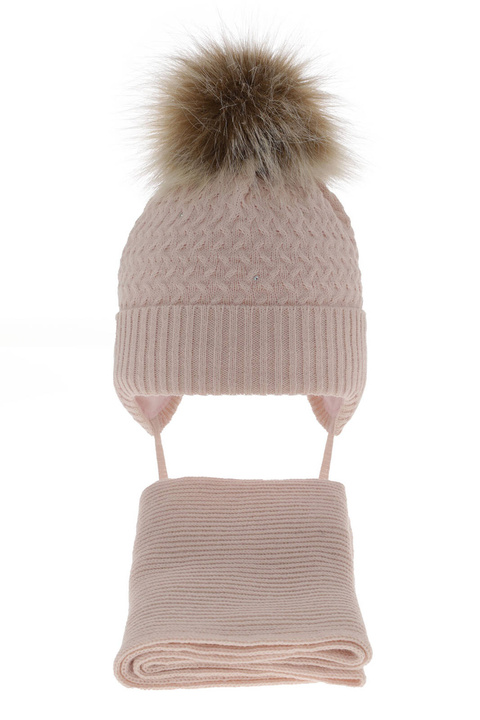 Flicka vinter set: mössa och halsduk, ljusrosa, med pompom, med knytband, Zelta
