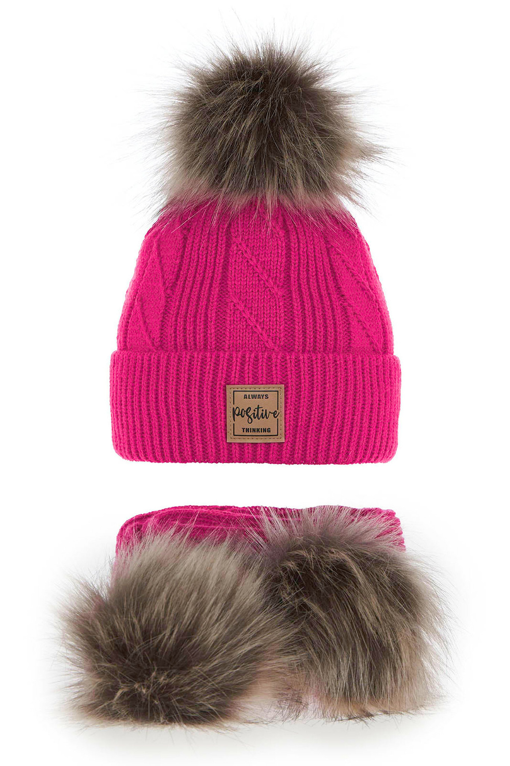 Flicka vinter set: mössa och halsduk, rosa, med två pompommar, Gabriela