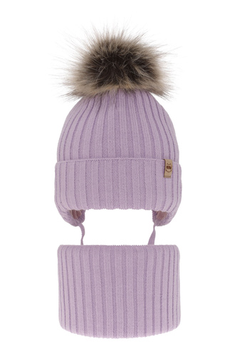 Flicka vinter set: mössa och tubhalsduk, lila, med pompom, knytband, Louisa