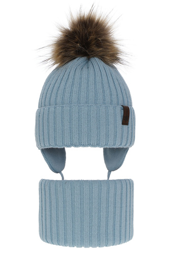 Pojke vinter set: mössa och halsduk, blå, med pompom, Puzel