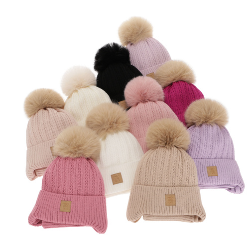 Flicka vinter set: mössa och halsduk, vit, med pompom, Betty