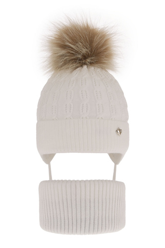 Flicka vinter set: mössa och tubhalsduk, vit, med pompom, wiązany, Tukana