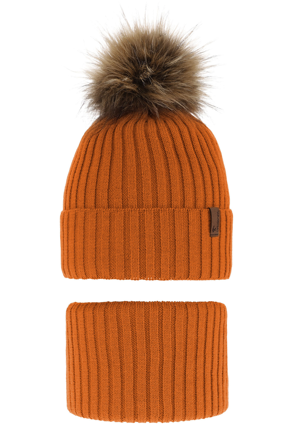 Pojke vinter set: mössa och tubhalsduk, orange, med pompom, Onyks