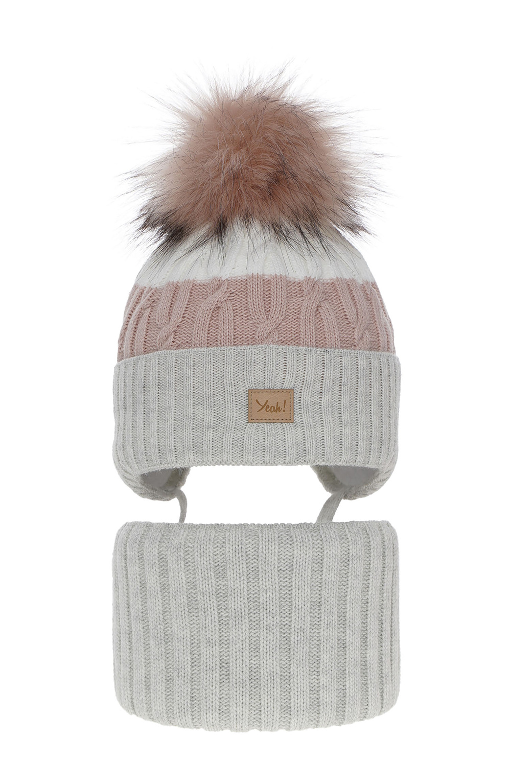 Flicka vinter set: mössa och halsduk, grå, med pompom, Riviera