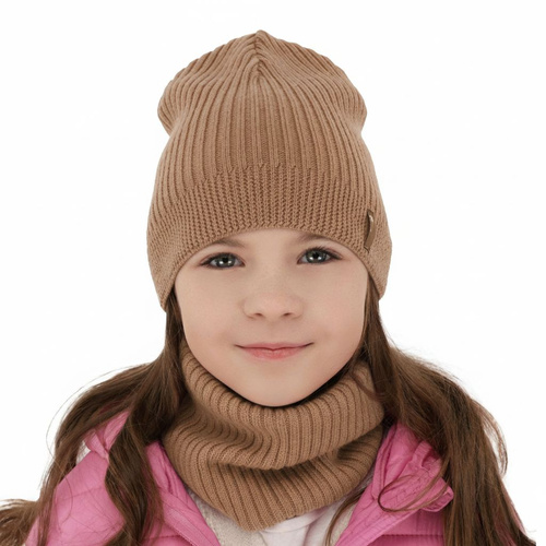 Flicka höst/vår set: mössa och tubhalsduk, camel, 100% Merino Ull, Chelsie