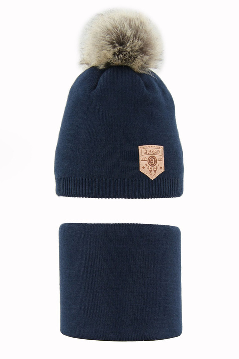 Pojke vinter set: mössa och halsduk, marinblå, med pompom, Apolin
