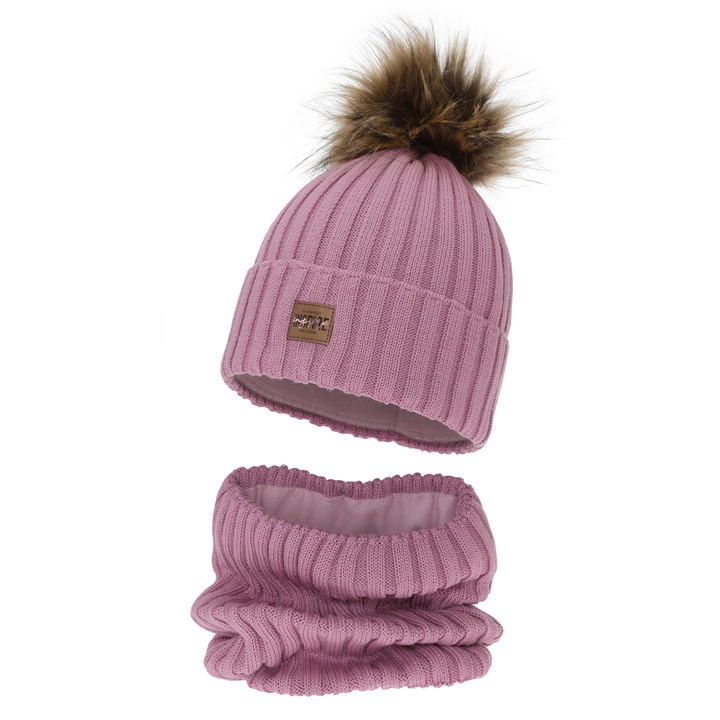 Flicka vinter set: mössa och tubhalsduk, rosa, fodrad med fleece, med merinull, Bellina