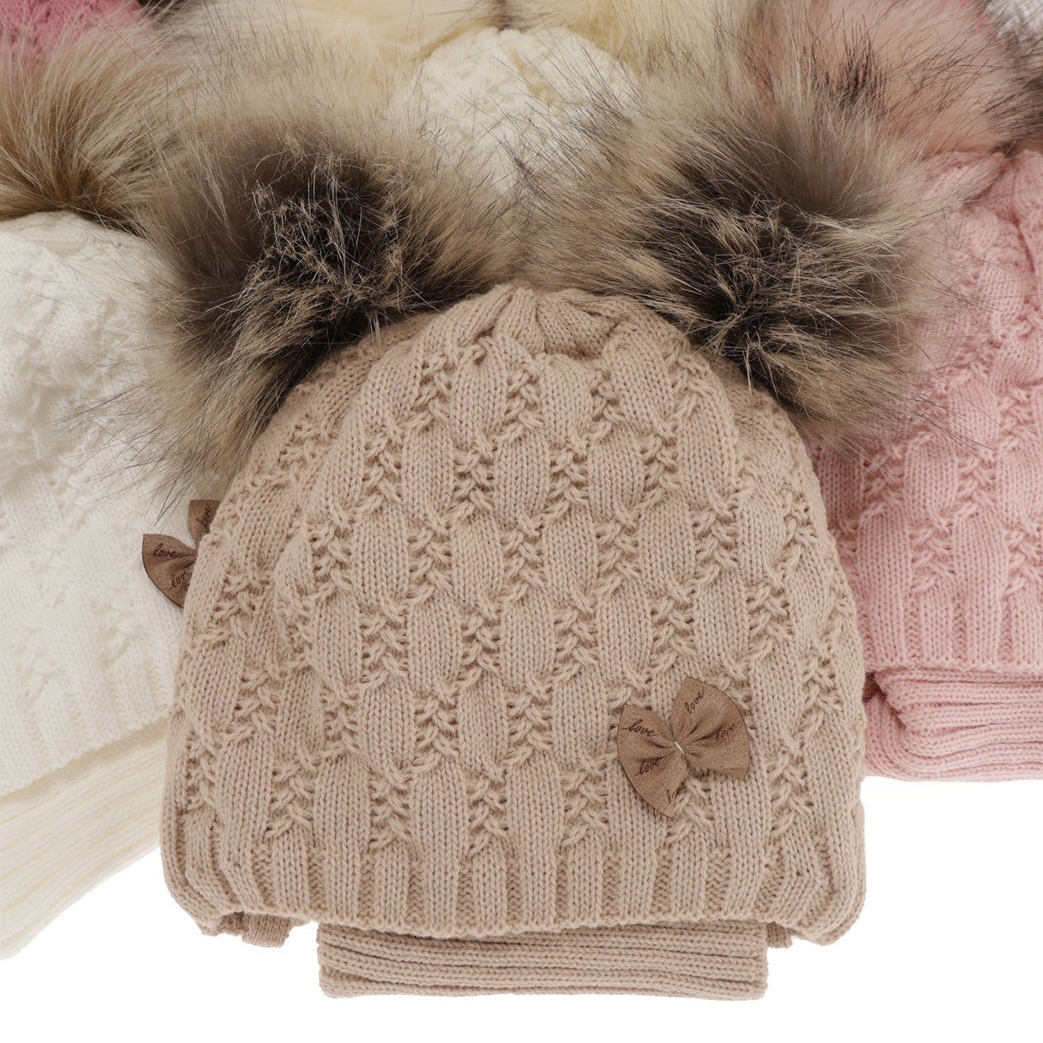 Flicka vinter set: mössa och halsduk, rosa, med två pompommar, Bettina