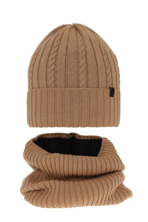 Pojke vinter set: mössa och tubhalsduk, camel, med merinull, fodrad med fleece, Kairo