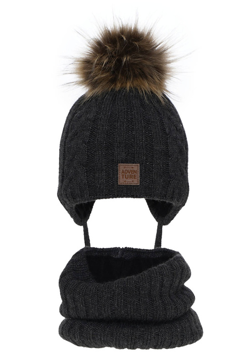 Pojke vinter set: mössa och halsduk, mörkgrå, med pompom, Casper
