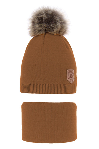 Pojke vinter set: mössa och tubhalsduk, camel, med pompom, Apolin