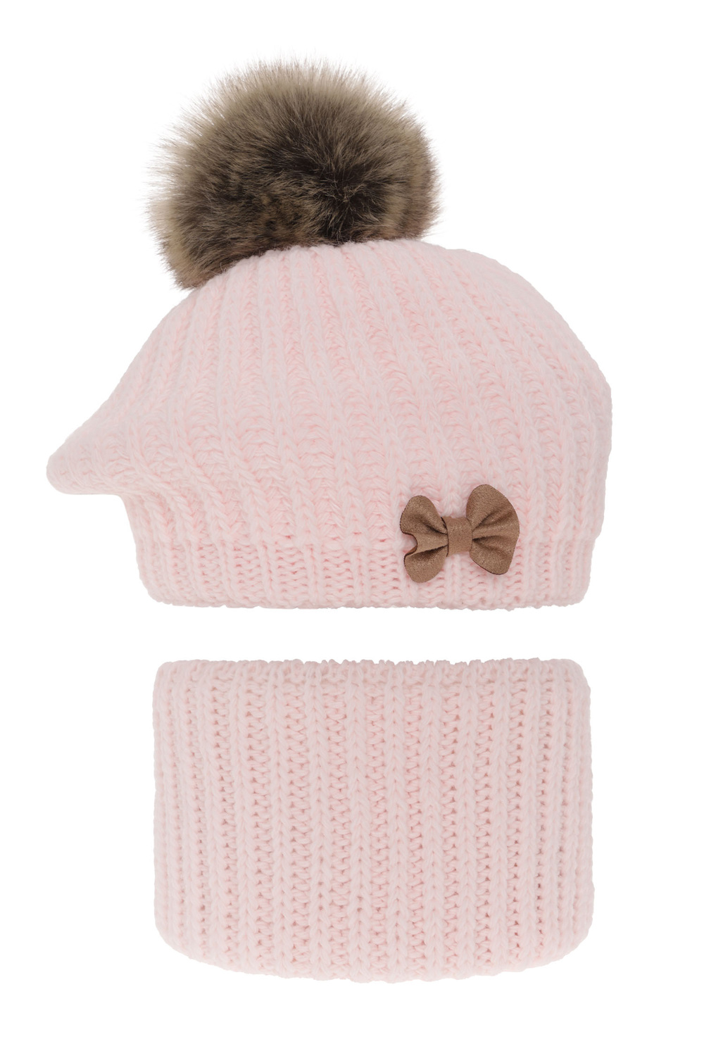 Flicka vinter set: mössa och halsduk, ljusrosa, med pompom, Polinezja