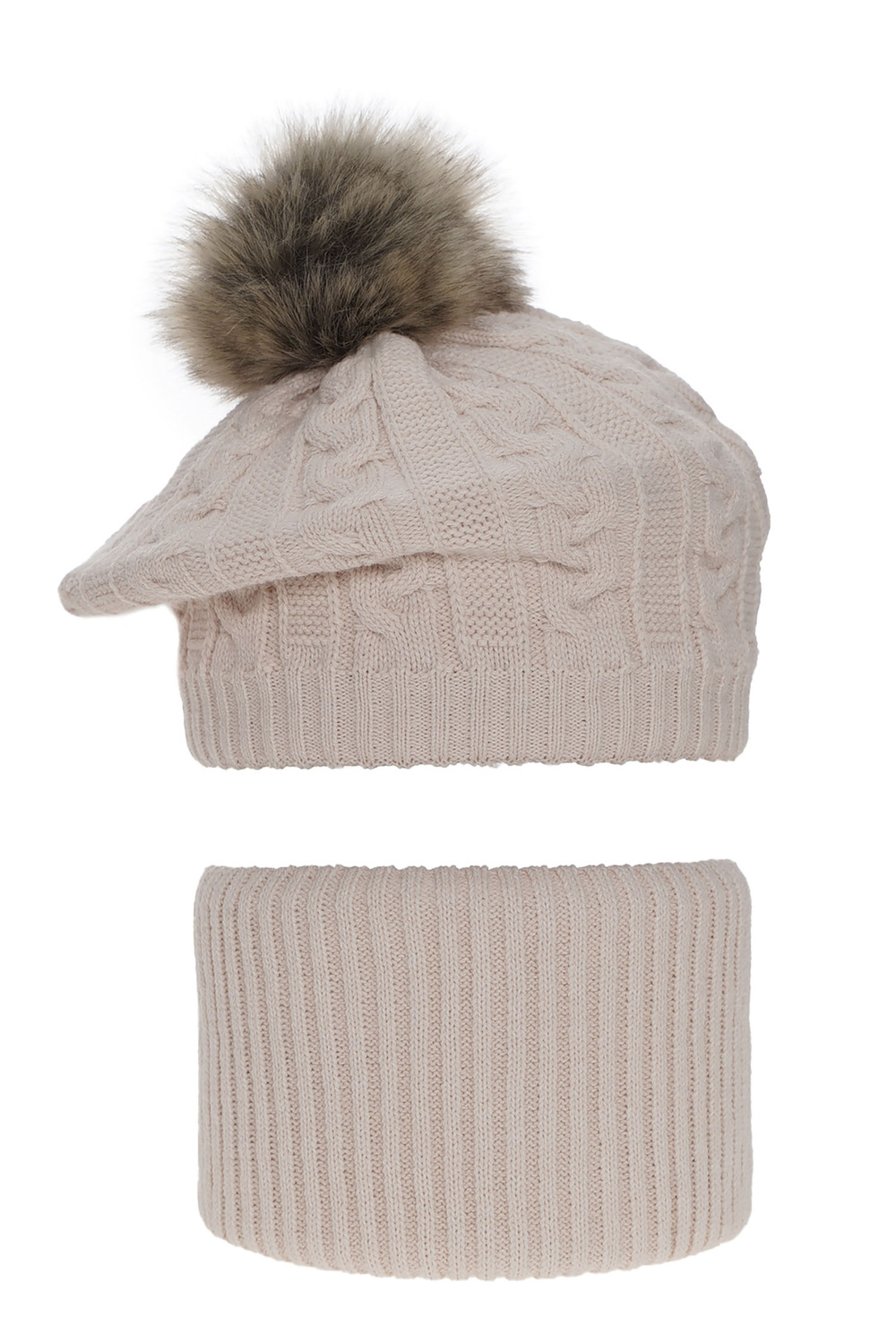 Flicka vinter set: beret och tubhalsduk, beige, med pompom, Koffi