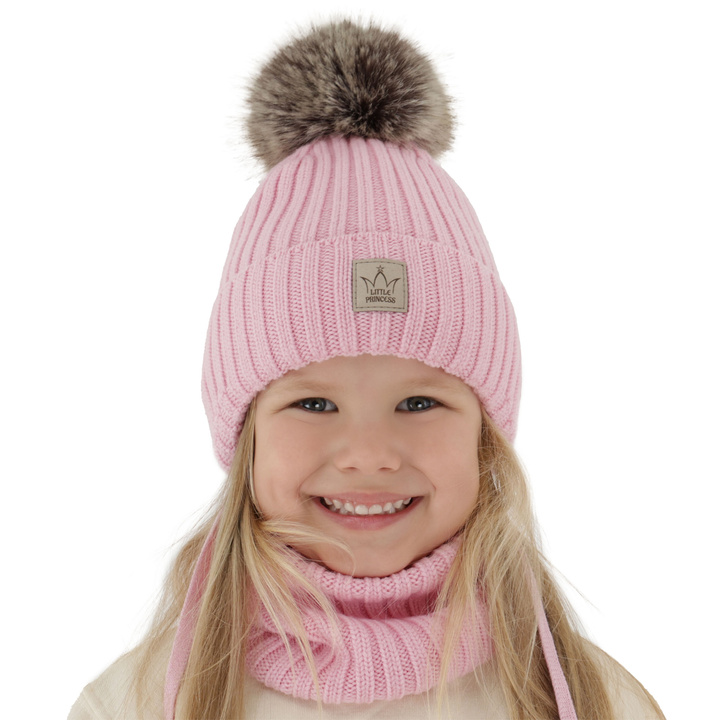 Flicka vinter set: mössa och tubhalsduk, rosa, 100% merinoull, fodrad med ullfleece, med pompom, Martina
